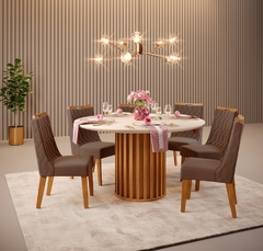 CONJUNTO MESA VIENA BASE FREIJO- TAMPO VIDRO 1360X1360X30 ARREDONDADO /OFF WHITE 6 CADEIRA BIA FREIJO/VELUDO MOCA DJ - comprar online