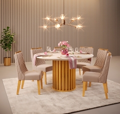 CONJUNTO MESA VIENA BASE FREIJO- TAMPO VIDRO 1360X1360X30 ARREDONDADO /OFF WHITE 6 CADEIRA BIA FREIJO/LINHO BEGE DJ - comprar online