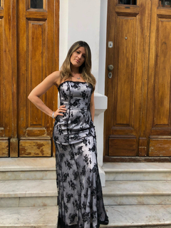 Vestido de fiesta blanco con tul negro bordado importado - comprar online