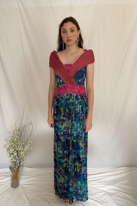 Vestido Longo Estampado Com Bordado