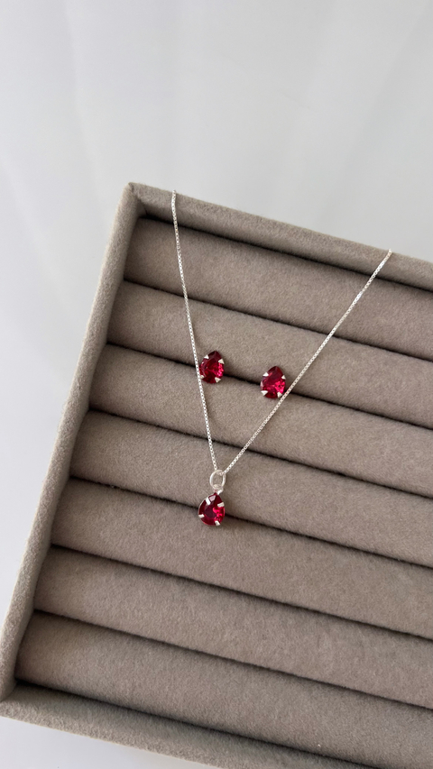 CONJUNTO BRINCO E COLAR GOTA ROSA ESCURO