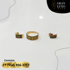 Conjunto Anel e Brincos em Ouro 18K, Esmeralda, Turmalina e Safira