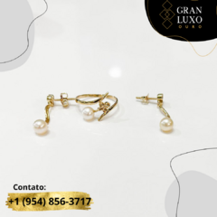 Conjunto Par de Brincos e Anel em Ouro 18k e Pérola