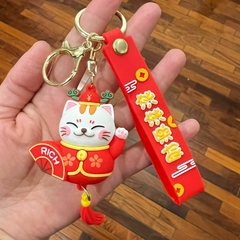 Llavero de Goma de Gato de la Suerte - Rojo con Abanico