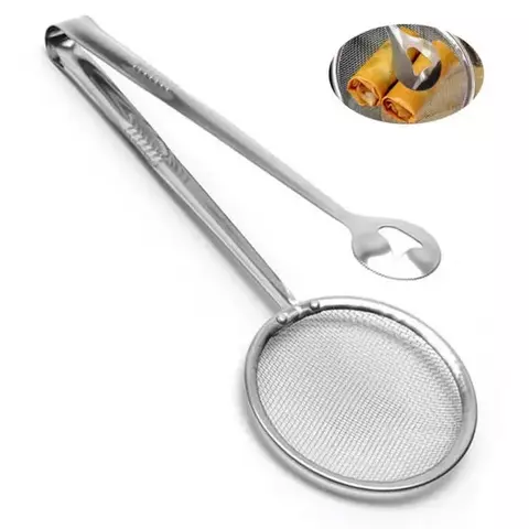 ESCUMADEIRA DE INOX PARA FRITURA COM PEGADOR PINÇA 29CM