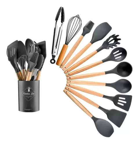KIT DE UTENSILIOS COZINHA 12 PEÇAS SILICONE PRETO