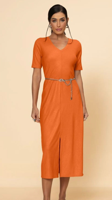 Vestido Midi Canelado Lurex Laranja - comprar online