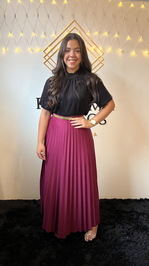 Saia Plissada Longa Vinho