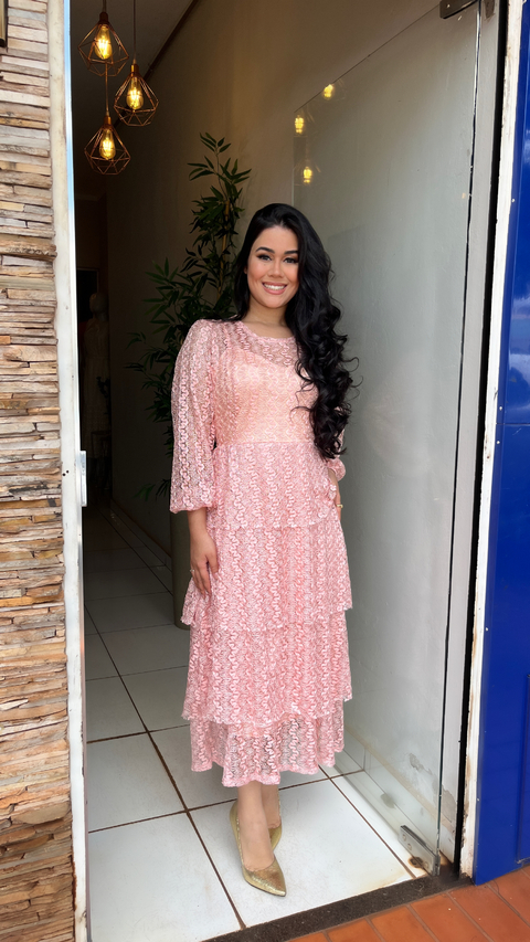 Vestido Guipir Rosé Com Babados