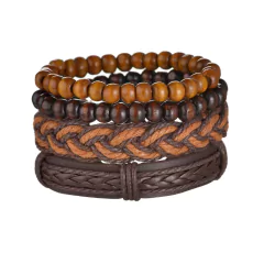 Pulsera de cuero trenzado para hombre, brazalete con cuentas de madera (CMP BRZ1007)