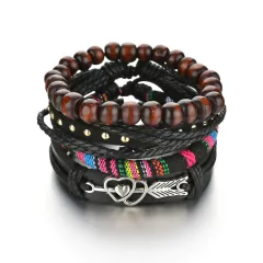 Pulsera de cuero trenzado para hombre, brazalete con cuentas de madera (CMP BRZ1007) en internet