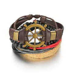Imagen de Pulsera de cuero trenzado para hombre, brazalete con cuentas de madera (CMP BRZ1007)
