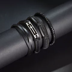 Pulsera de cuero trenzado para hombre, brazalete con cuentas de madera (CMP BRZ1007) - tienda en línea