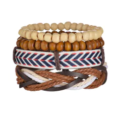 Imagen de Pulsera de cuero trenzado para hombre, brazalete con cuentas de madera (CMP BRZ1007)