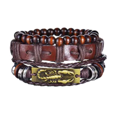 Pulsera de cuero trenzado para hombre, brazalete con cuentas de madera (CMP BRZ1007) - tienda en línea
