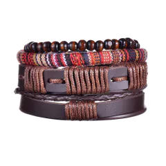 Imagen de Pulsera de cuero trenzado para hombre, brazalete con cuentas de madera (CMP BRZ1007)