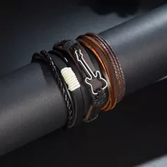 Pulsera de cuero trenzado para hombre, brazalete con cuentas de madera (CMP BRZ1007)