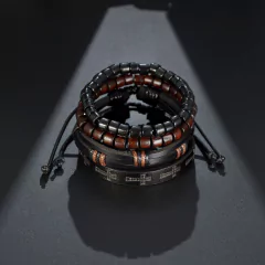 Pulsera de cuero trenzado para hombre, brazalete con cuentas de madera (CMP BRZ1007) - CMP Shopping Global