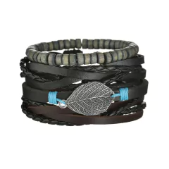 Pulsera de cuero trenzado para hombre, brazalete con cuentas de madera (CMP BRZ1007) - comprar en línea
