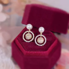 Pendientes de perlas de circonita de malla chapada en oro Real de 14K para mujer (CMP ART10039) - tienda en línea