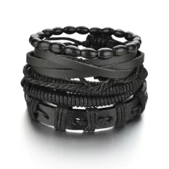 Pulsera de cuero trenzado para hombre, brazalete con cuentas de madera (CMP BRZ1007)