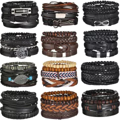 Imagen de Pulsera de cuero trenzado para hombre, brazalete con cuentas de madera (CMP BRZ1007)