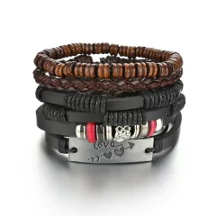 Pulsera de cuero trenzado para hombre, brazalete con cuentas de madera (CMP BRZ1007) - CMP Shopping Global