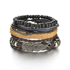 Pulsera de cuero trenzado para hombre, brazalete con cuentas de madera (CMP BRZ1007) - tienda en línea