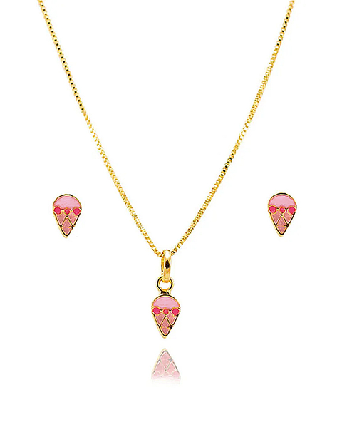Conjunto Infantil Sorvete Resinado Semijoia Ouro 18K