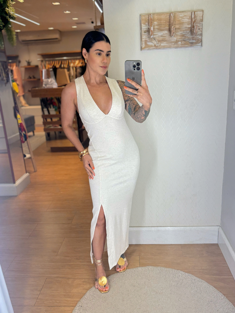 VESTIDO MIDI OPEN ARO BUSTO BEGE