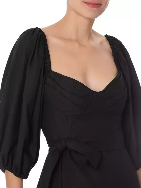 VESTIDO MIDI FARM MANGAS BUFANTES PRETO