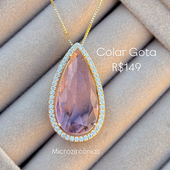 Colar 60cm Gota Cravejada Rosa Pêssego