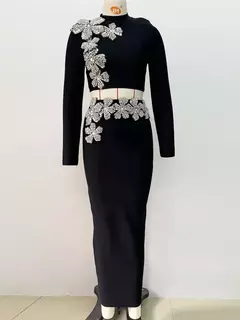 Imagen de Conjuntos sexis de 2 piezas de vendaje de manga larga para mujer, Top de flores con diamantes brillantes y minifaldas ajustadas, trajes de fiesta de noche