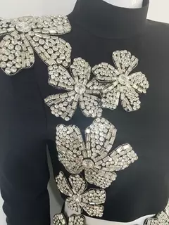 Conjuntos sexis de 2 piezas de vendaje de manga larga para mujer, Top de flores con diamantes brillantes y minifaldas ajustadas, trajes de fiesta de noche - ingrid berman