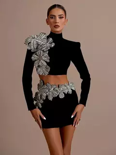 Imagen de Conjuntos sexis de 2 piezas de vendaje de manga larga para mujer, Top de flores con diamantes brillantes y minifaldas ajustadas, trajes de fiesta de noche