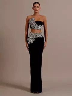 Conjuntos sexis de 2 piezas de vendaje de manga larga para mujer, Top de flores con diamantes brillantes y minifaldas ajustadas, trajes de fiesta de noche