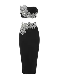 Conjuntos sexis de 2 piezas de vendaje de manga larga para mujer, Top de flores con diamantes brillantes y minifaldas ajustadas, trajes de fiesta de noche - comprar en línea