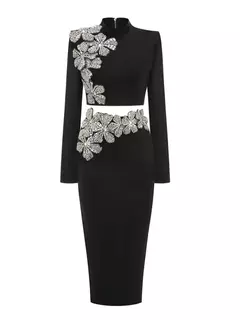 Conjuntos sexis de 2 piezas de vendaje de manga larga para mujer, Top de flores con diamantes brillantes y minifaldas ajustadas, trajes de fiesta de noche - ingrid berman