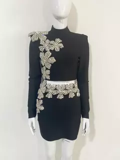 Conjuntos sexis de 2 piezas de vendaje de manga larga para mujer, Top de flores con diamantes brillantes y minifaldas ajustadas, trajes de fiesta de noche