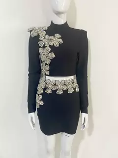 Conjuntos sexis de 2 piezas de vendaje de manga larga para mujer, Top de flores con diamantes brillantes y minifaldas ajustadas, trajes de fiesta de noche - tienda en línea