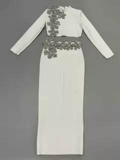 Conjuntos sexis de 2 piezas de vendaje de manga larga para mujer, Top de flores con diamantes brillantes y minifaldas ajustadas, trajes de fiesta de noche - ingrid berman