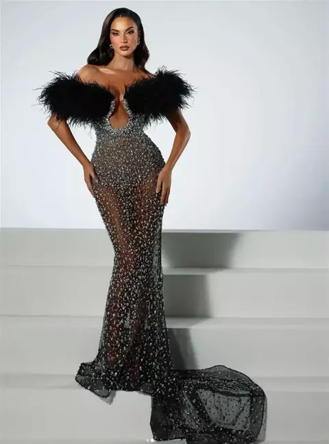 Maxi Vestido de Pedrería y Plumas—Colección Diva