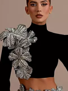 Conjuntos sexis de 2 piezas de vendaje de manga larga para mujer, Top de flores con diamantes brillantes y minifaldas ajustadas, trajes de fiesta de noche - comprar en línea