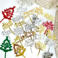 Adorno para tarta de Feliz Navidad, acrílico, rojo, verde y dorado, decoración para tarta de árbol, regalos para niños, suministros para fiesta de postre de Navidad