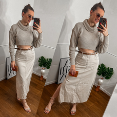 Saia midi jeans nude