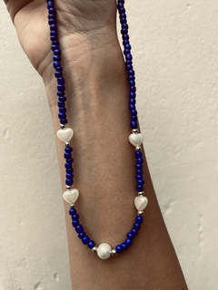 Choker Azul con corazones de Perlas