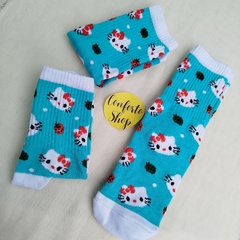 Medias 3/4 Kitty multicaras celeste - Conforto Shop