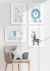 Quadros Decorativos Infantis Safari Azul 30x42cm - Composição com 4 Quadros