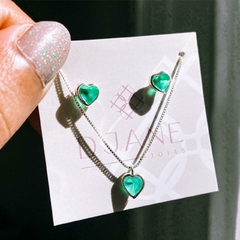 Conjunto Coração Cristal Verde Água