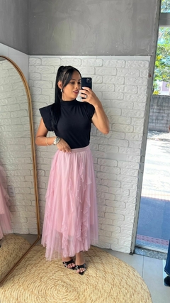 Saia Tule Rosa com Pérolas